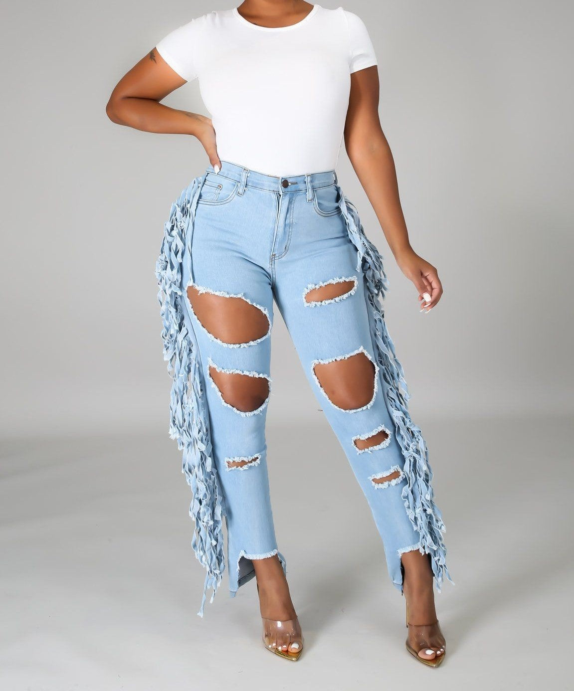 Denim Side Fringe Ripped Jeans – Just You Fashions