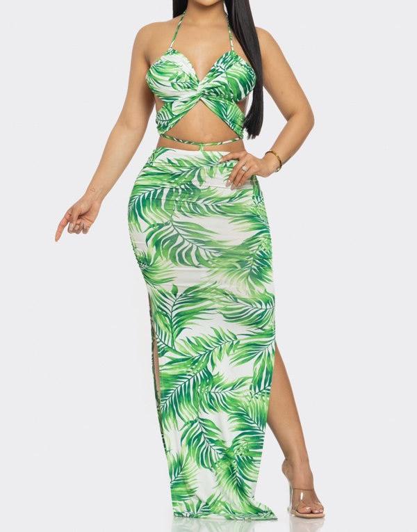 Tropical Print Halter Maxi Dress