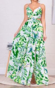 Tropical Print Side Cut-Out Maxi Dress