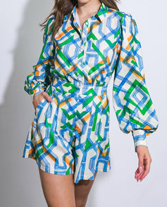 Abstract Print Long Sleeve Romper