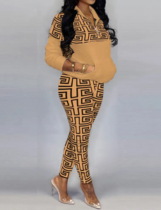 Pattern Print Zipper Top and Pants Set