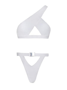 White Single Shoulder Strap Two Piece Swimsuit