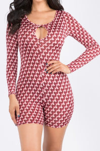 Heart Print Key Hole Long Sleeve Romper