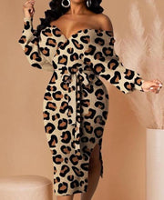 Load image into Gallery viewer, Off The Shoulder Long Sleeve Cheetah Print Dress
