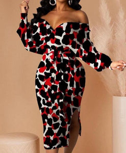 Off The Shoulder Long Sleeve Cheetah Print Dress