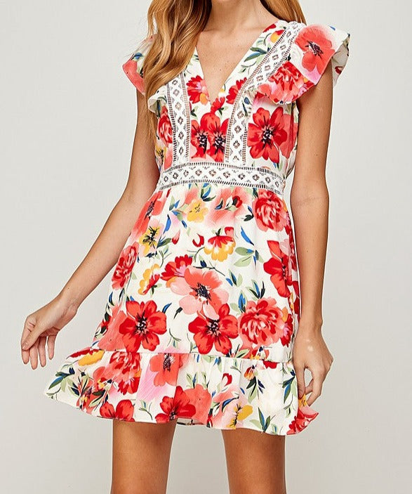 Lace Tape Ruffle Floral Print Dress