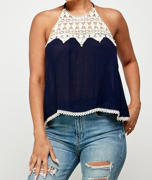 Lace Detail Backless Halter Top