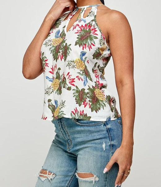 Pineapple Print Cut Out Halter Neck Top