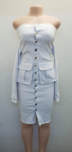 White Denim Sleeve Belted Dress-Dresses-Just 4 You Fashions Online Clothing Store Grand Cayman Cayman Islands