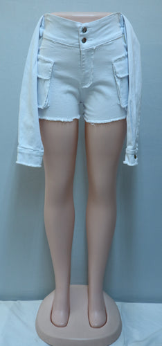 White Denim Arm Sleeve Shorts-Bottoms-Just 4 You Fashions Online Clothing Store Grand Cayman Cayman Islands