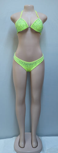 Neon Green Rhinestone Padded Top & Low Rise Bottom Bikini Set-Swimsuits-Just 4 You Fashions Online Clothing Store Grand Cayman Cayman Islands