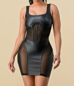 Faux Leather Mesh Detail Dress